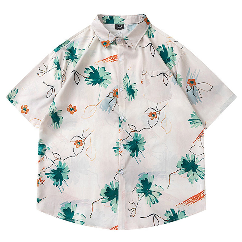New for summer: Floral print turn-down collar short-sleeved shirt