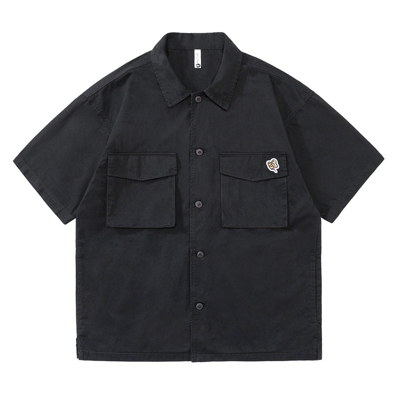 Retro cotton multi-pocket work short-sleeved shirt