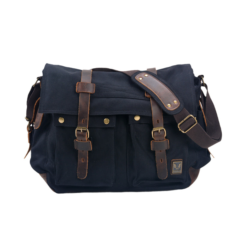Large capacity canvas and genuine leather messenger bag in five colors
