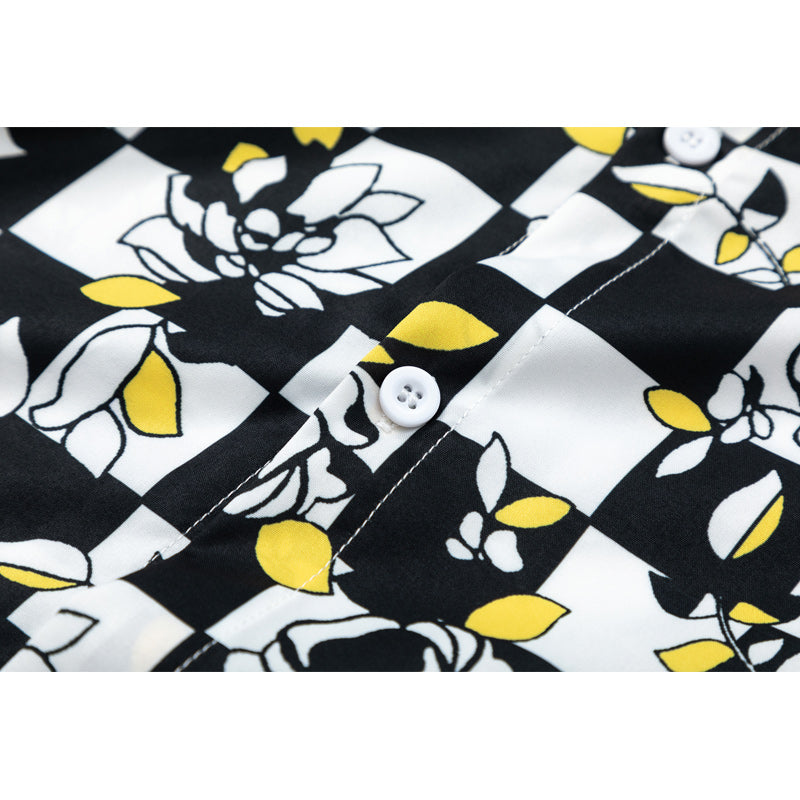 Classic black and white checkered print short-sleeved shirt