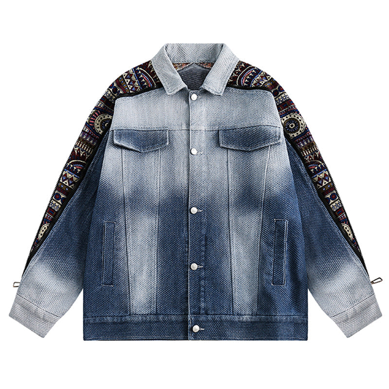 Original ethnic jacquard patchwork denim jacket