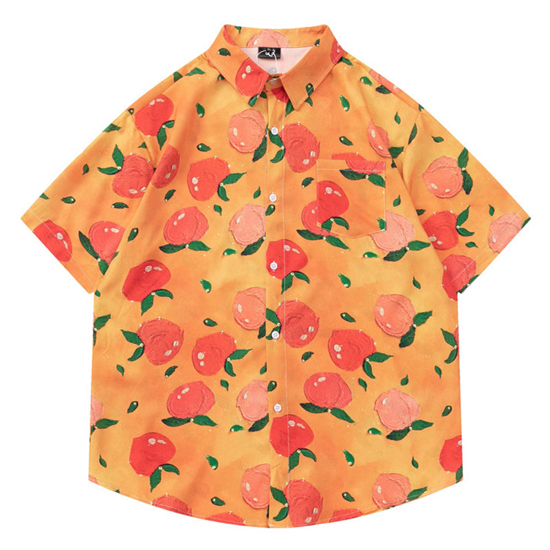 Peach fruit print short sleeve shirt
