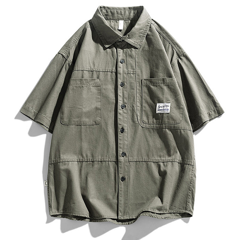 Retro plain large pocket work short sleeve shirt