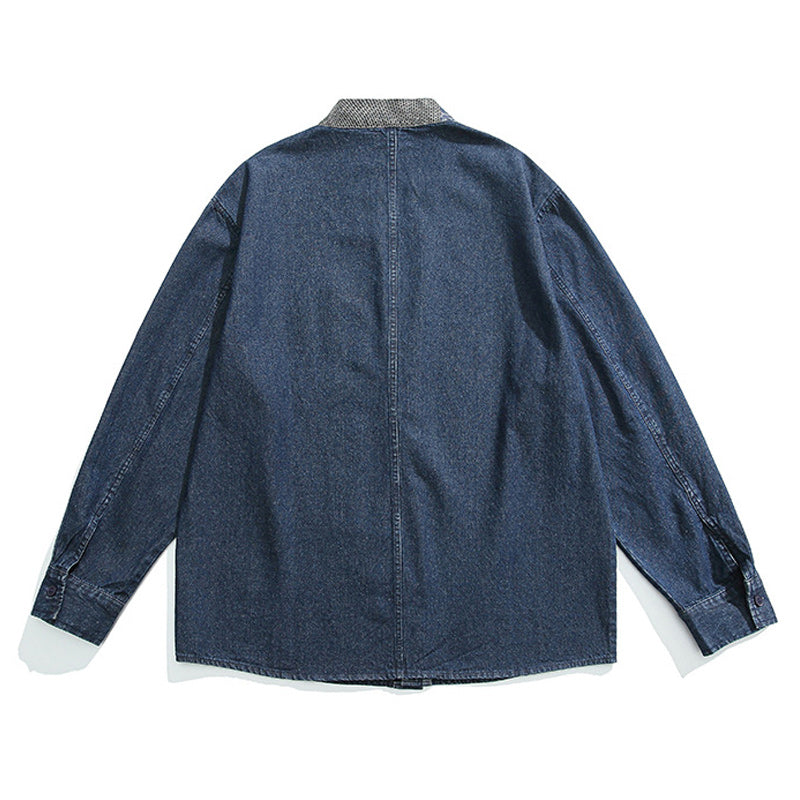 Plain washed denim collarless jacket