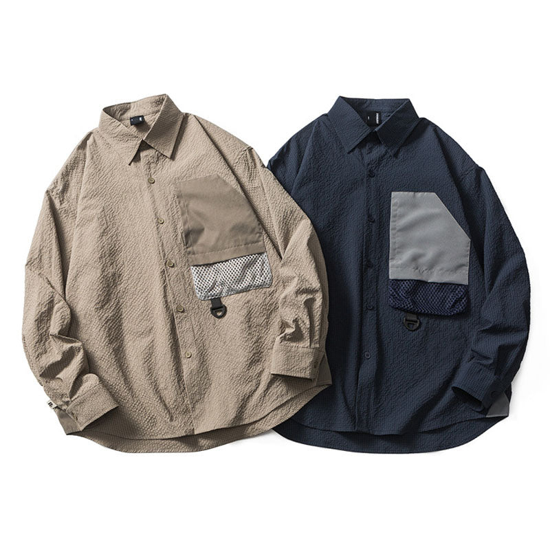 メッシュ&配色ポケット付き 撥水機能シアサッカーワークシャツ