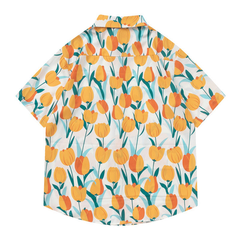 Holiday style tulip print short sleeve shirt