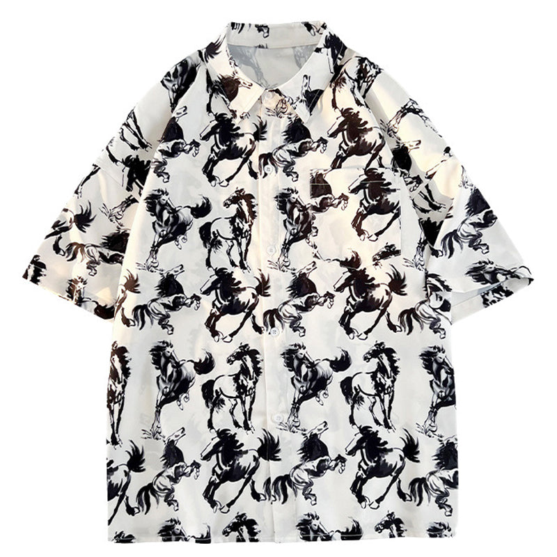 Sumi-e style running horse print short-sleeved shirt
