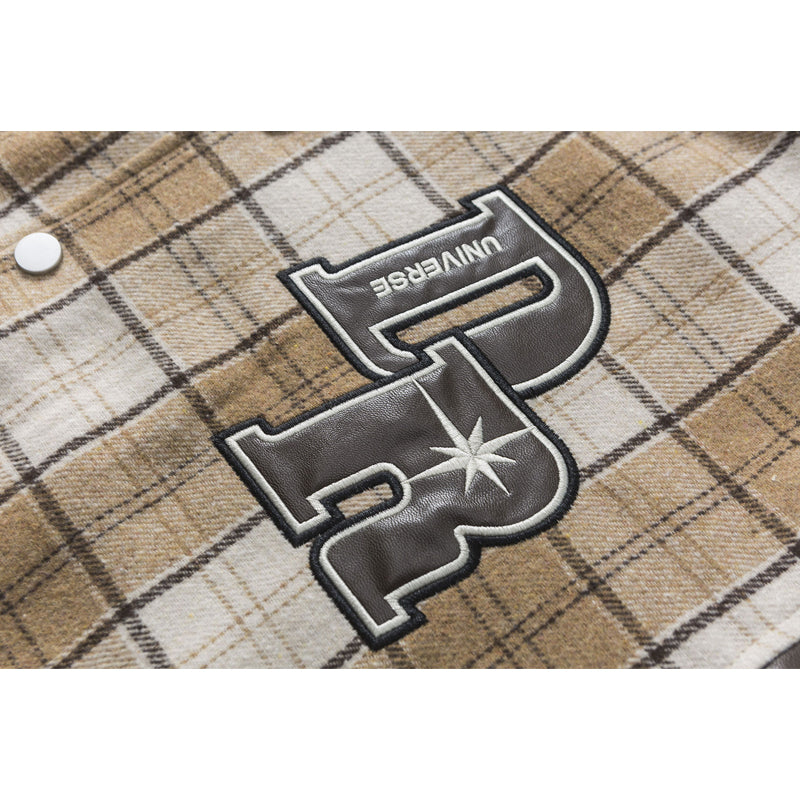 Checkered and leather combination college varsity jacket