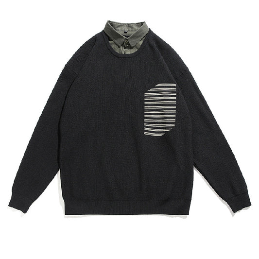 Striped shirt neck faux layered two-tone sweater
