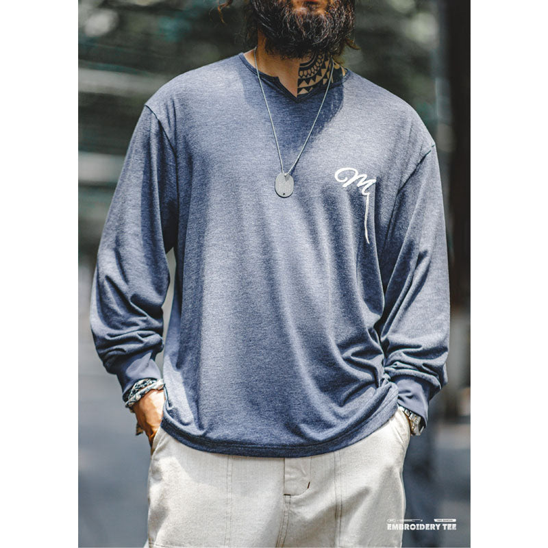 New for Fall! American Casual Embroidered V-Neck Long Sleeve T-Shirt