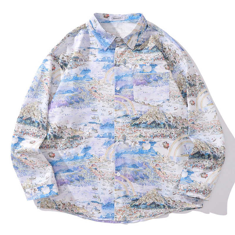 natural charm landscape print illustration long sleeve shirt