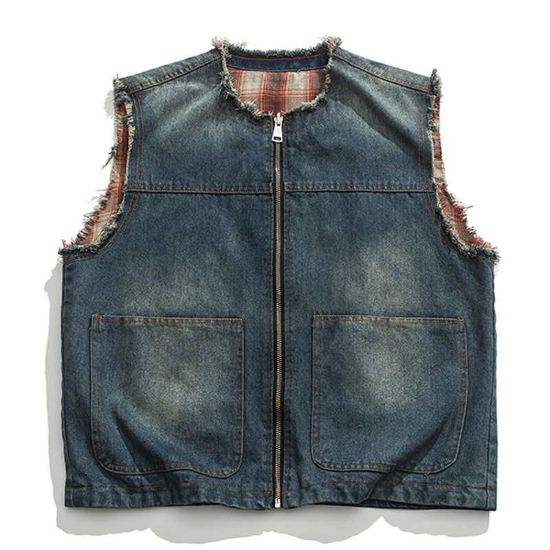 Reversible denim and check pattern 2-way vest