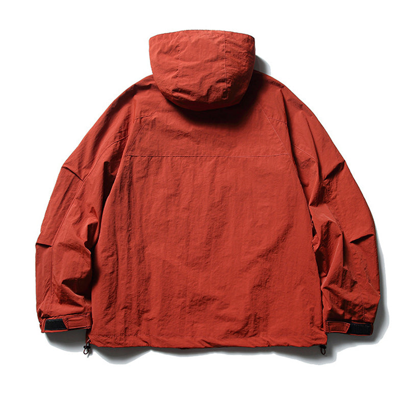 Color-coordinated irregular zipper hooded jacket