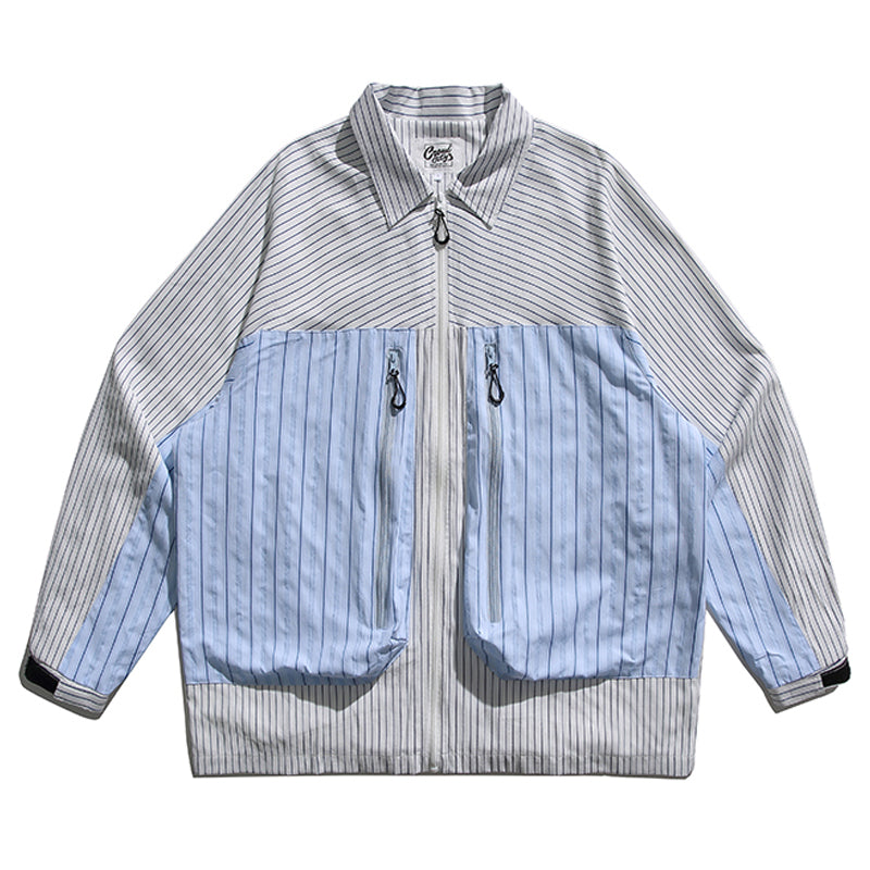 3D pocket 2-way striped pattern zip shirt