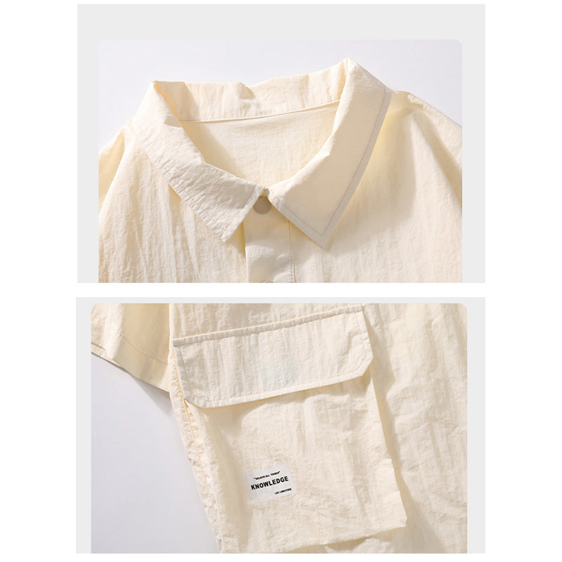 Functional pocket, fold-over neck, button-down casual short-sleeved shirt