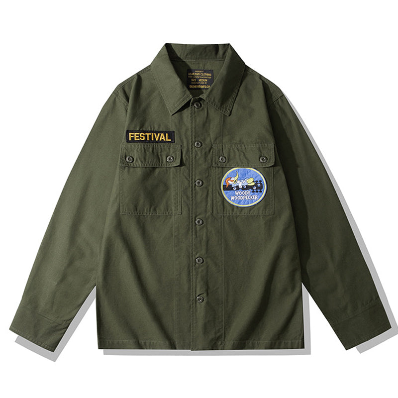 American casual coverall with Woodpecker embroidered badge