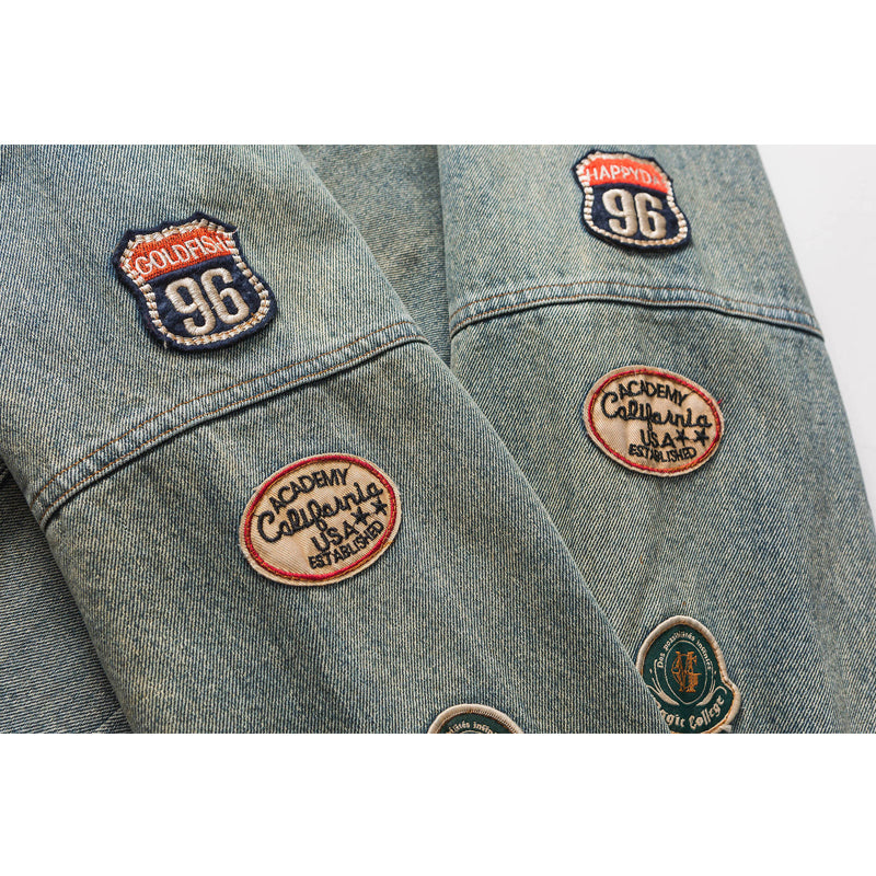 Stand collar washed denim embroidered jacket