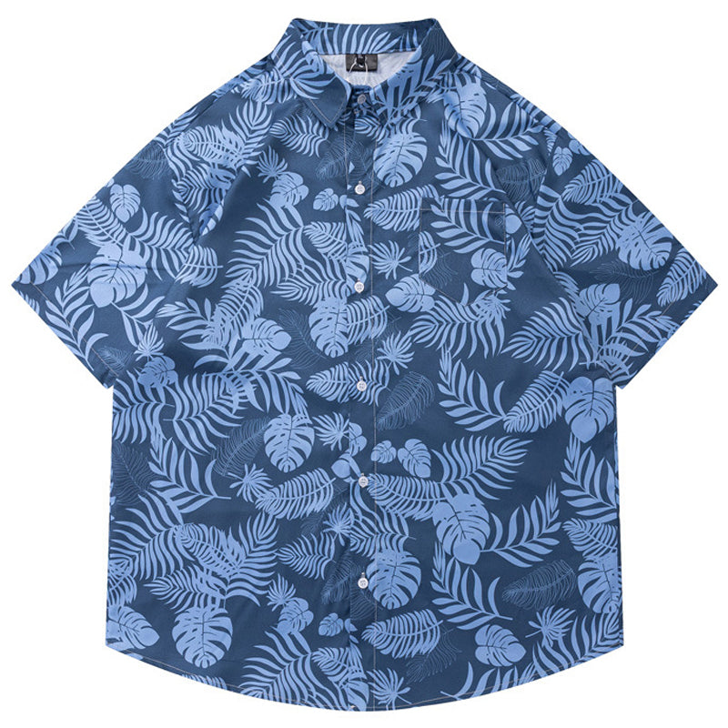 New summer color combination leaf print short sleeve shirt
