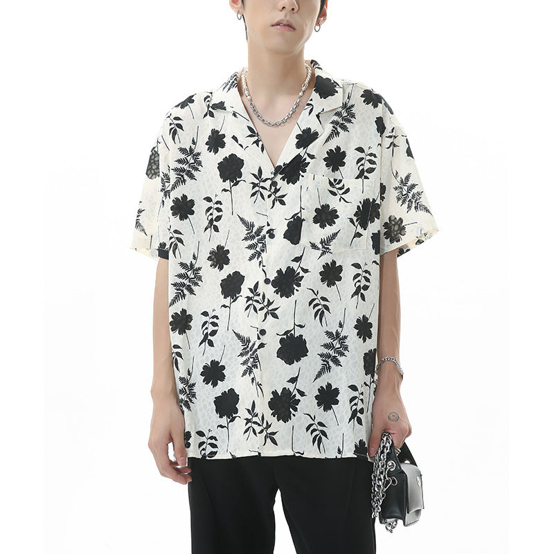 Retro folded neck floral short sleeve shirt