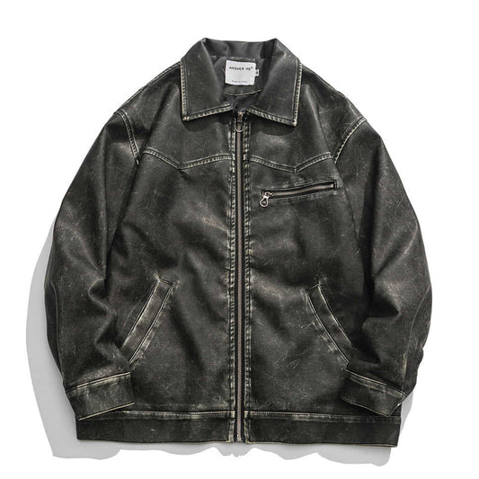 Retro Washed Leather Jacket with Turndown Collar