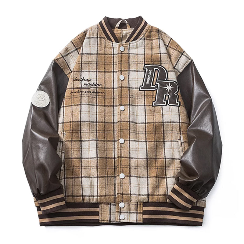 Checkered and leather combination college varsity jacket