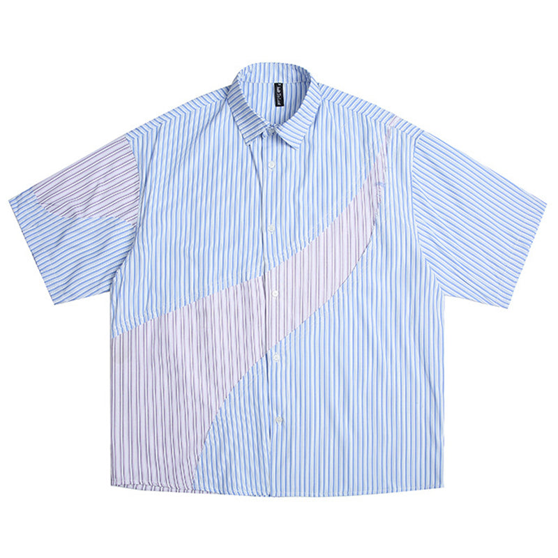 Reconstructed color-coordinated striped short-sleeved shirt