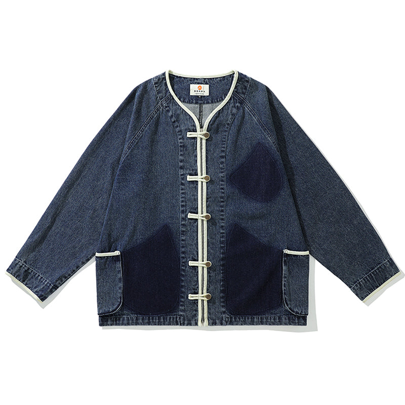 Chinese Button & Zip Collarless Denim Jacket
