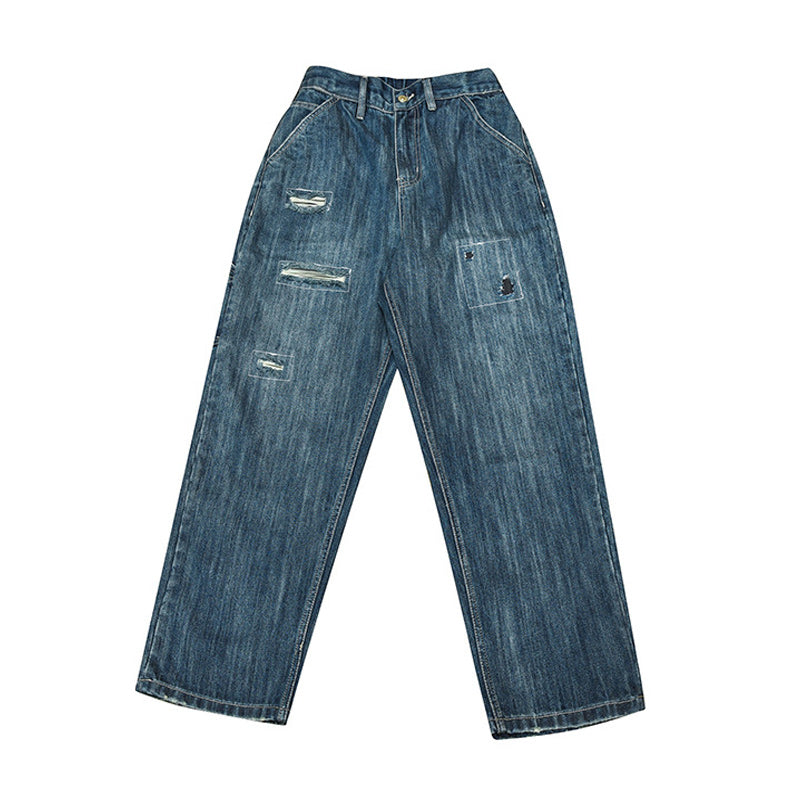 Retro distressed elastic waist denim pants