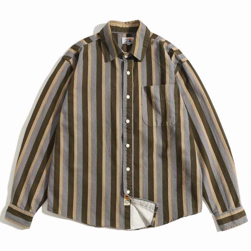 Retro color-block striped cotton long-sleeved shirt