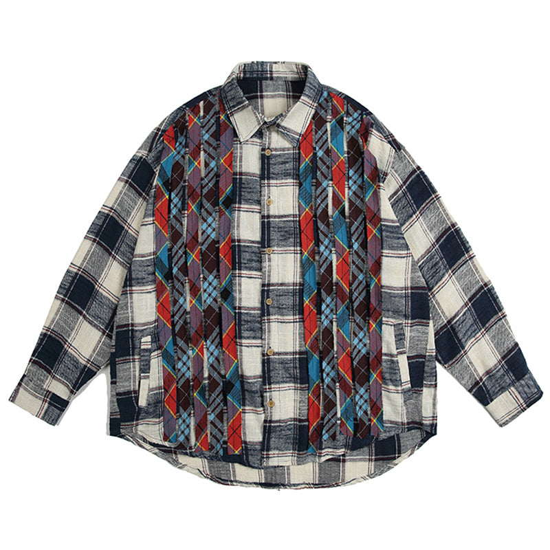 Reconstructed two-piece vintage check pattern combination shirt