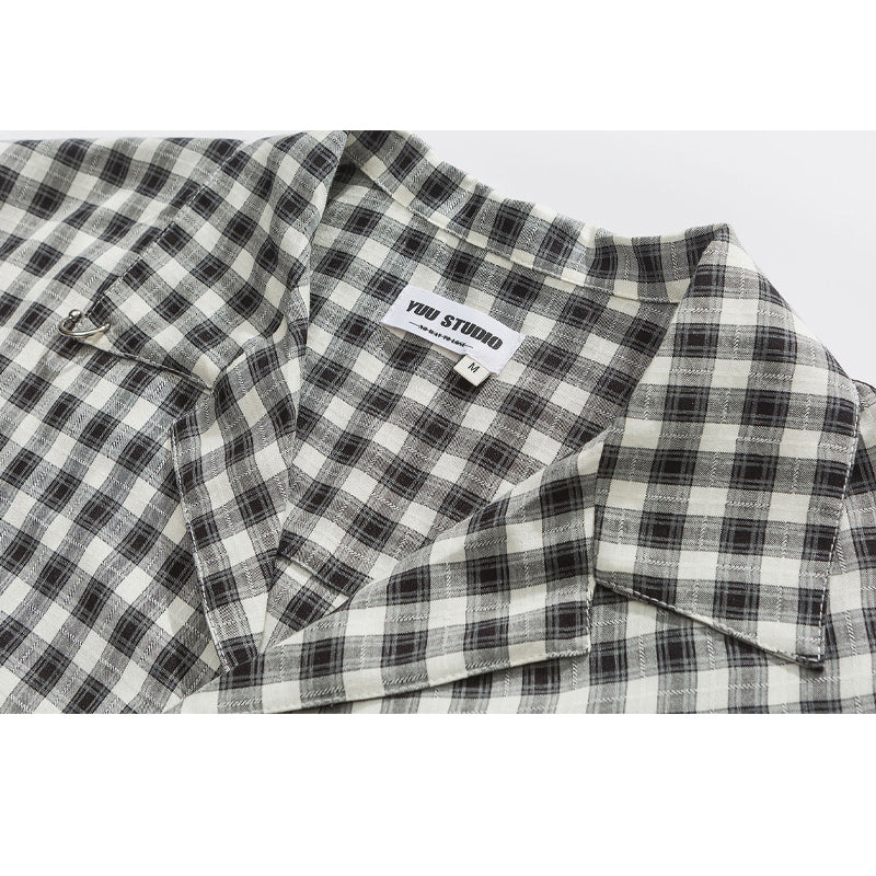 Cuban neck plaid work shirt with pocket