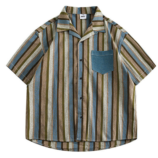 New summer color combination vertical striped short sleeve shirt