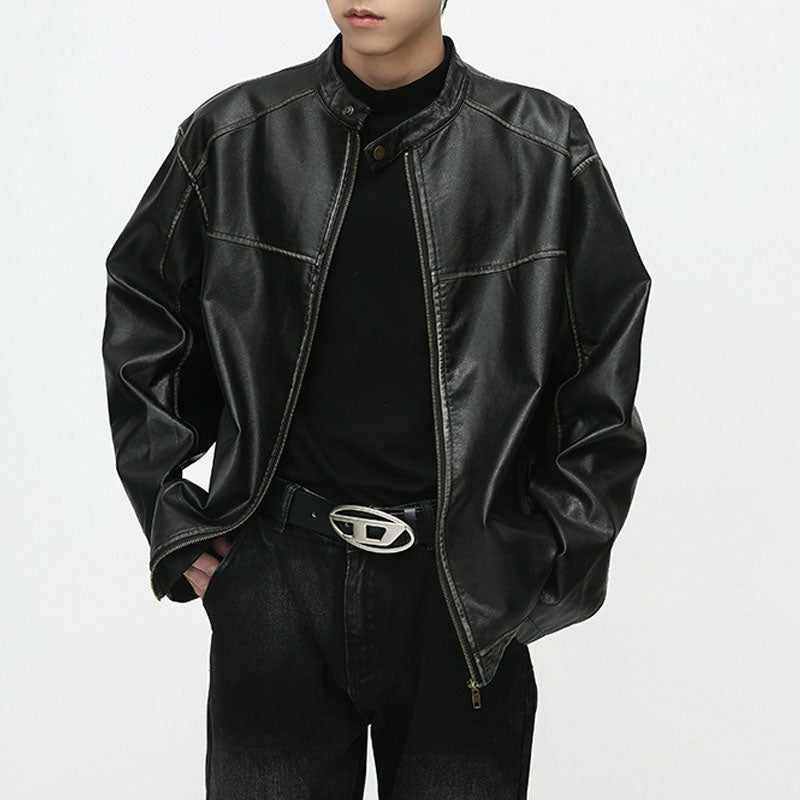 American casual retro washed PU leather jacket