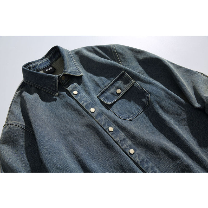Ethnic jacquard elbow patch denim work shirt