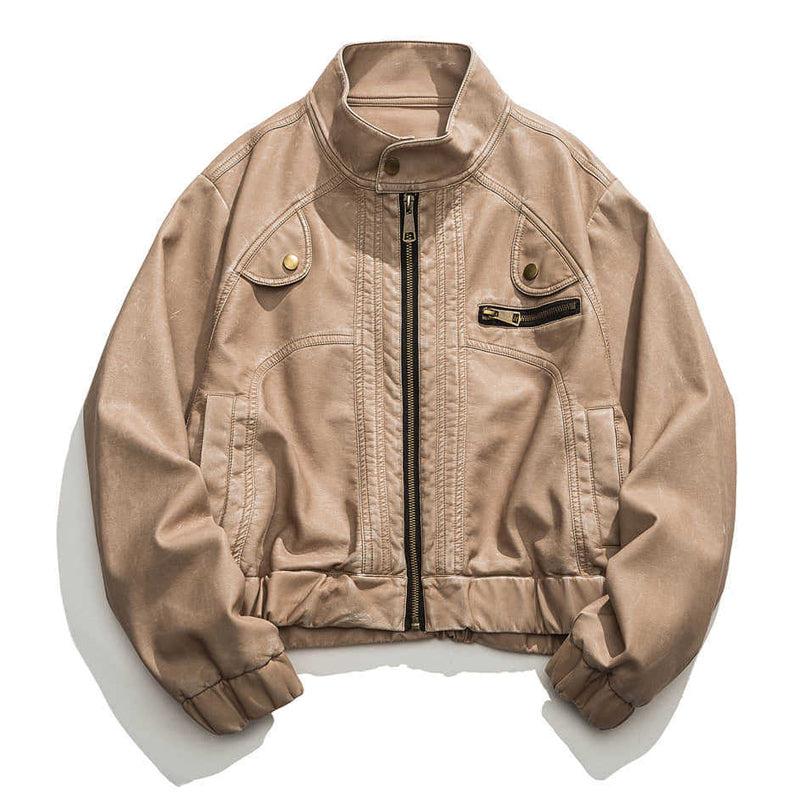 Retro stand-collar distressed motorcycle jacket
