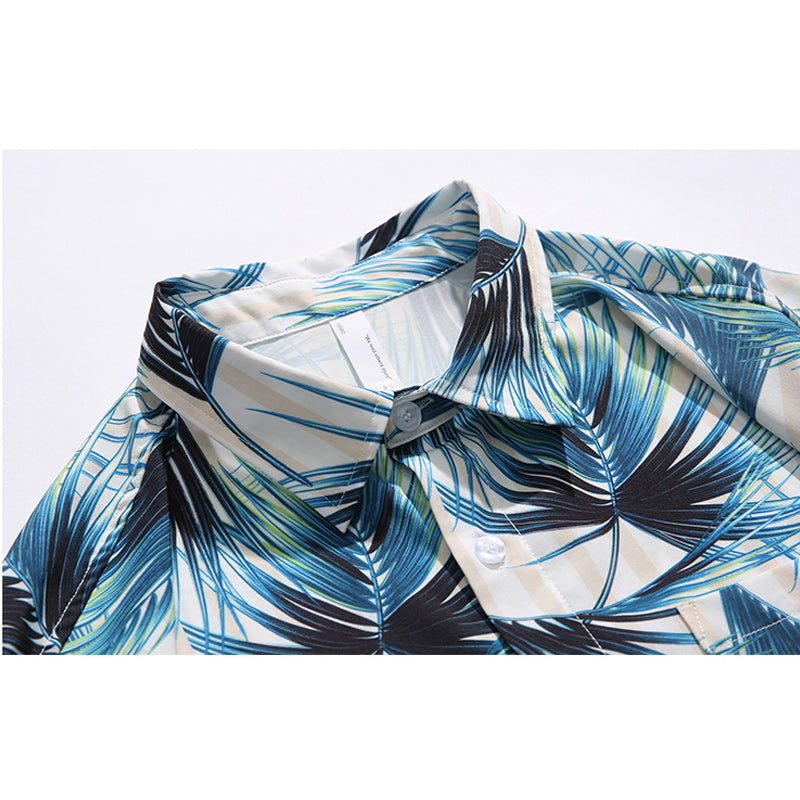 Striped Leaf Print Short Sleeve Aloha Shirt