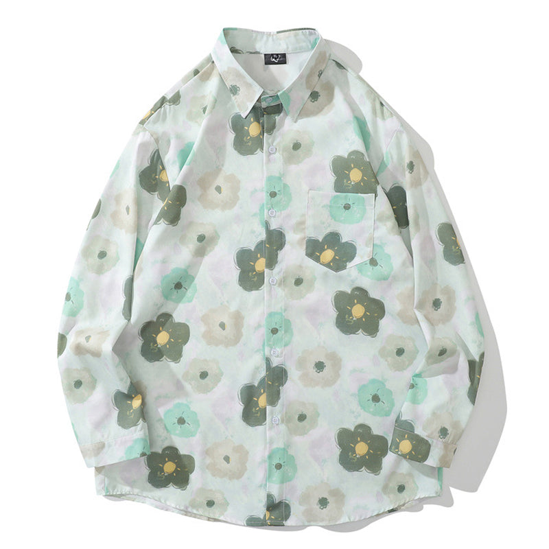 New summer color combination floral print long sleeve shirt