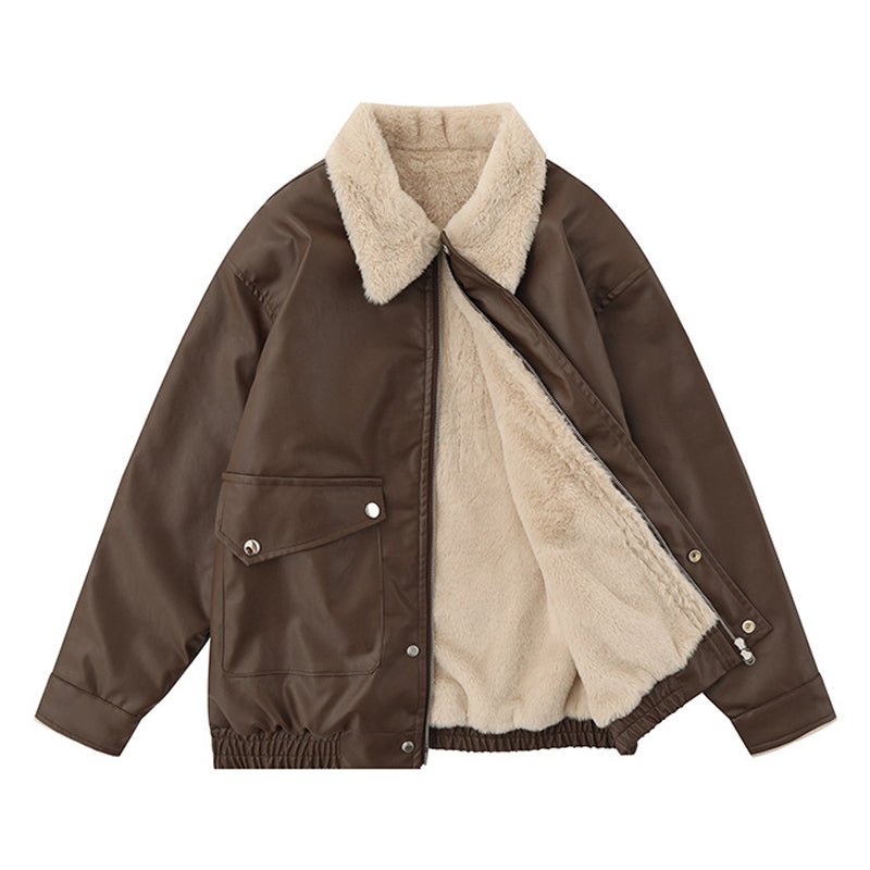Loose-fitting plain coat with turn-down collar and velvet jacket
