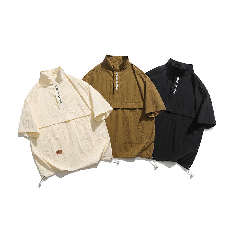 Fashion stand collar pocket short sleeve shirt