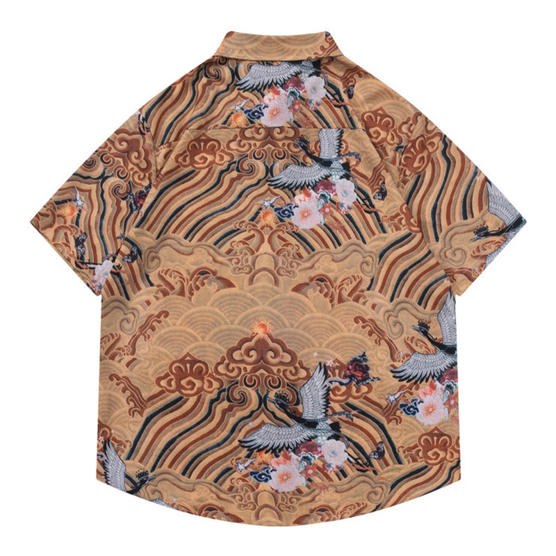Ethnic "Crane" all-over print short-sleeved shirt