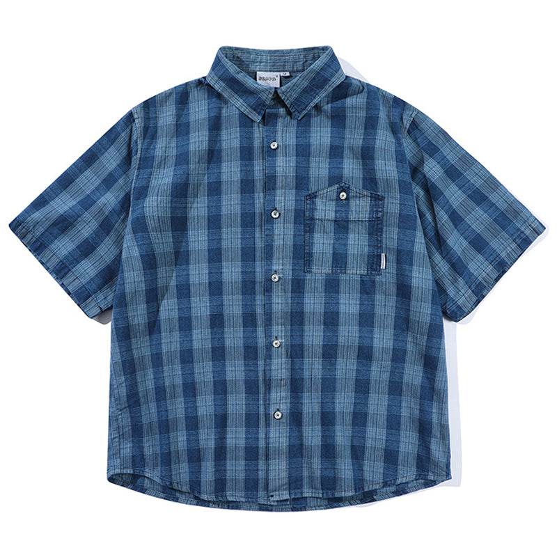New for summer: Blue checkered turn-down collar short-sleeved shirt