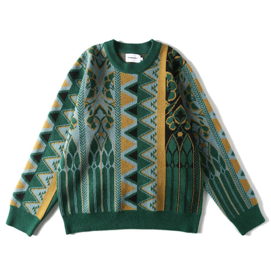 Crushed geometric print round neck knit sweater