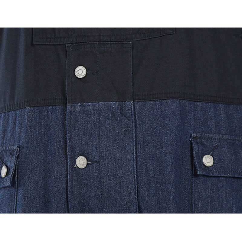 「S~5XL」レトロ切替配色ポケットオーバーオール