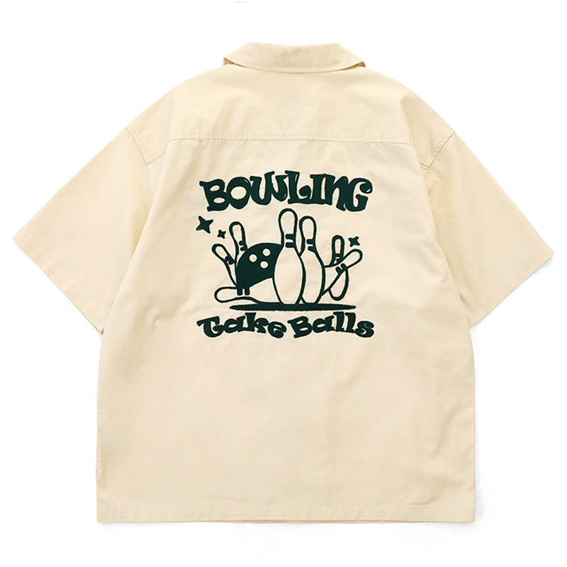 Retro Embroidered Bowling Short Sleeve Cuban Shirt