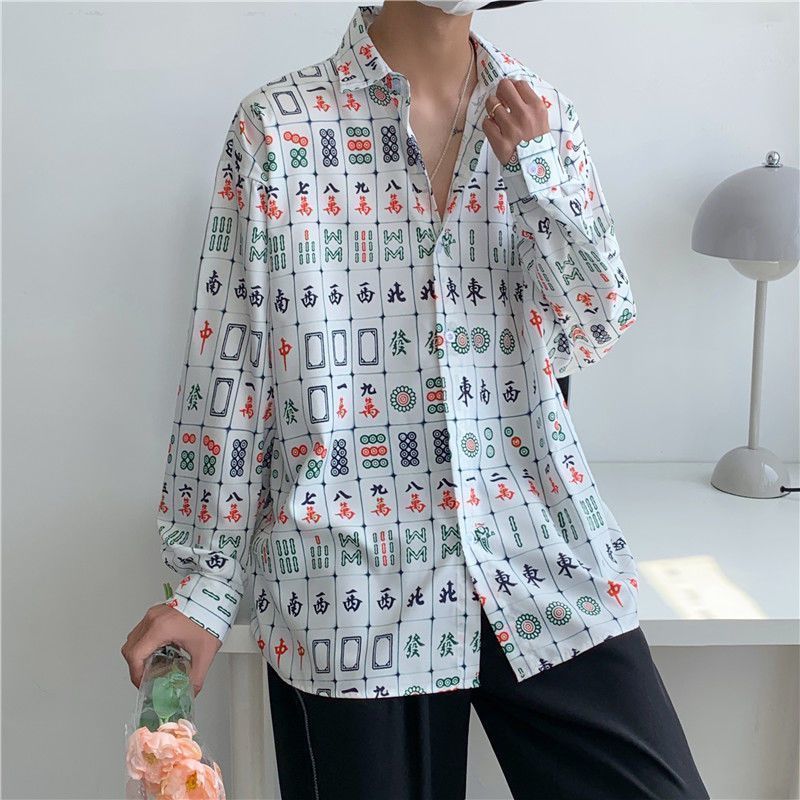 麻雀プリント総柄 長袖シャツ