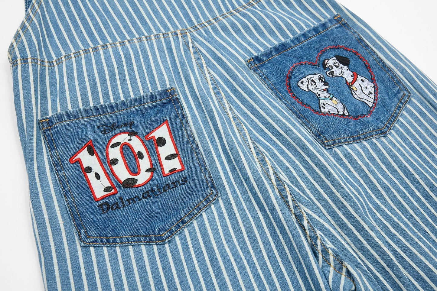 キャラクター刺繍 ツートンストライプ柄オーバーオール