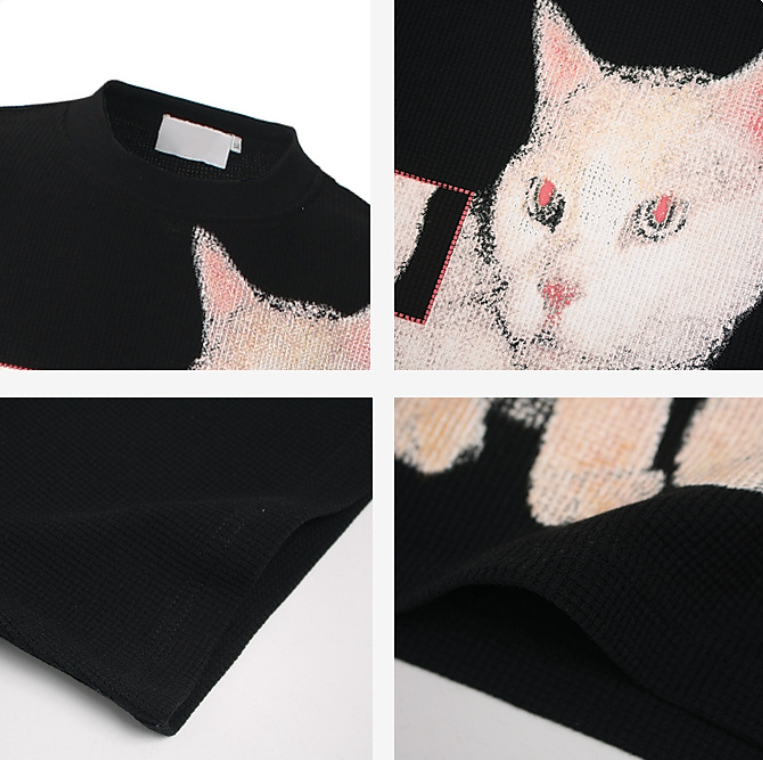 猫プリント半袖ワッフルTシャツ黒