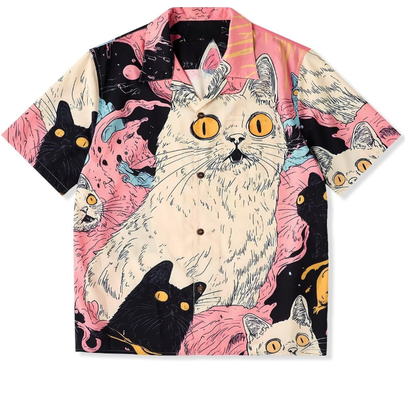 浮世絵風猫プリント半袖シャツ