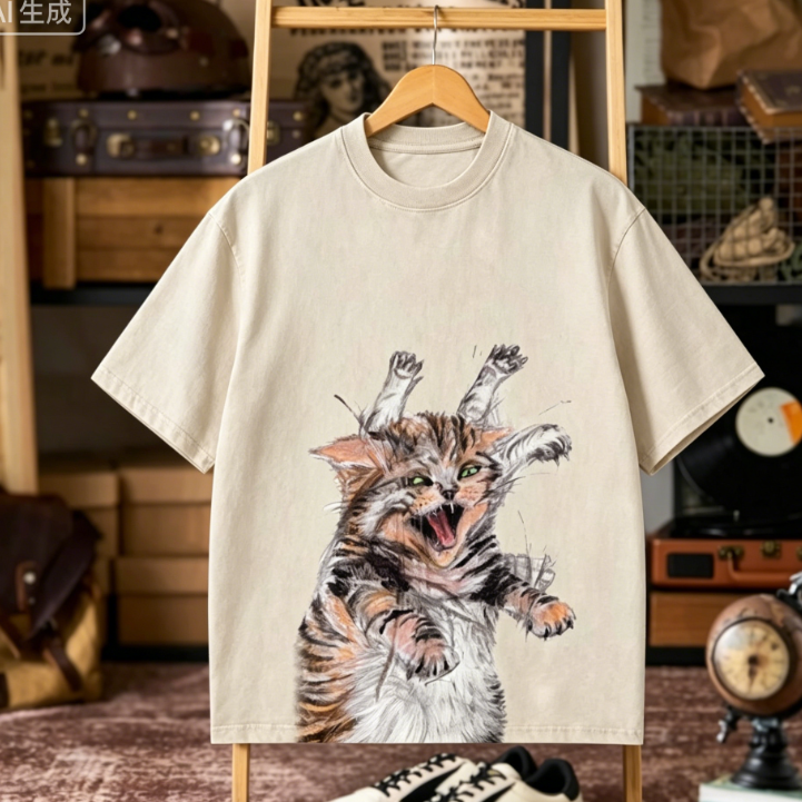 落書き風猫プリント半袖コットンTシャツ