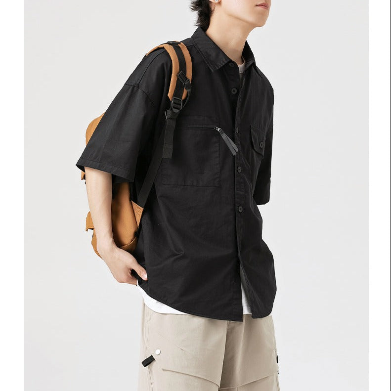 Classic plain zipper pocket work shirt